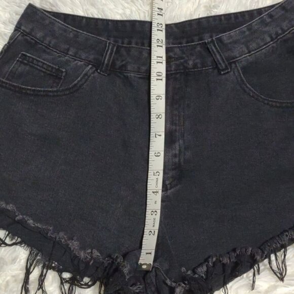 Flame Pocket Detail Black Denim High Rise Black Raw Hem Jean Shorts - Picture 8 of 12